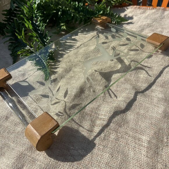 Vintage Unique 1970's Boho MCM Etched Glass Serving Tray With Deer Design & Wood - Picture 5 of 9